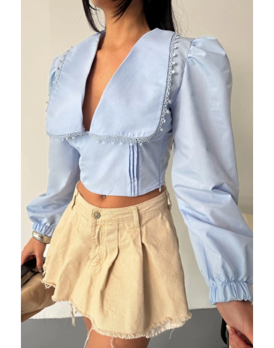 CROP POPİN GÖMEK YAKA KENAR DANTE DETAYI  Bebe Mavi