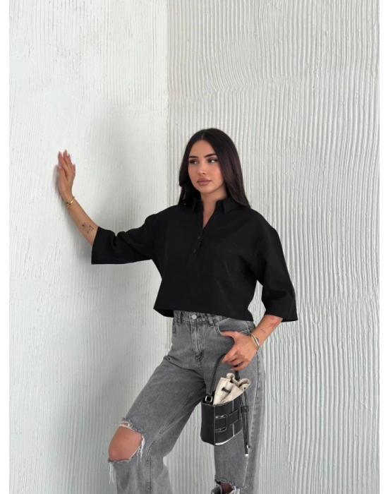 Crop Yakalı Gömlek Üç Çeyrek leeve Kol  iyah