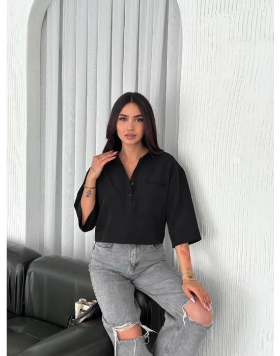 Crop Yakalı Gömlek Üç Çeyrek leeve Kol  iyah