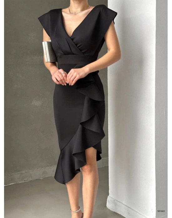 cuba Kumaş Önü Fırfırlı Midi Boy Elbise