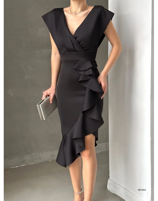 cuba Kumaş Önü Fırfırlı Midi Boy Elbise