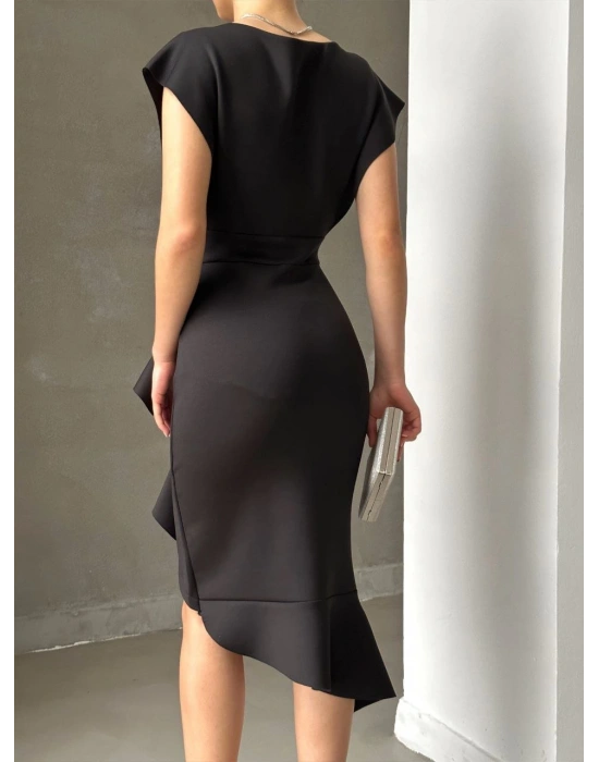 cuba Kumaş Önü Fırfırlı Midi Boy Elbise