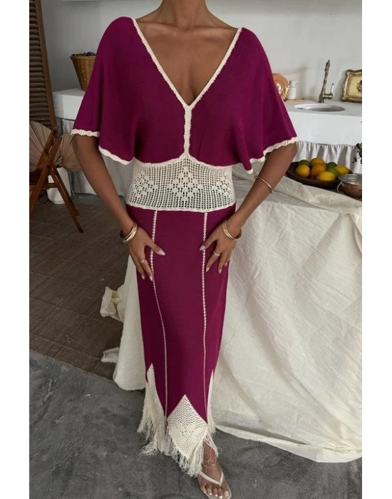 Dantel Desenli V Yaka Triko Elbise 2844