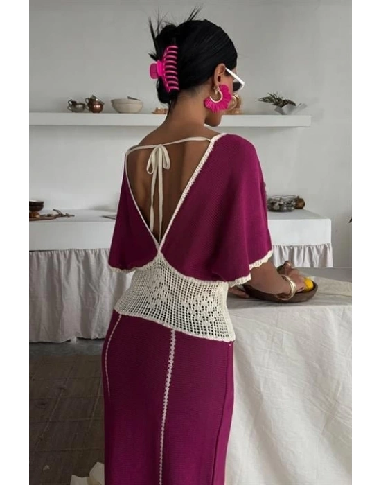 Dantel Desenli V Yaka Triko Elbise 2844