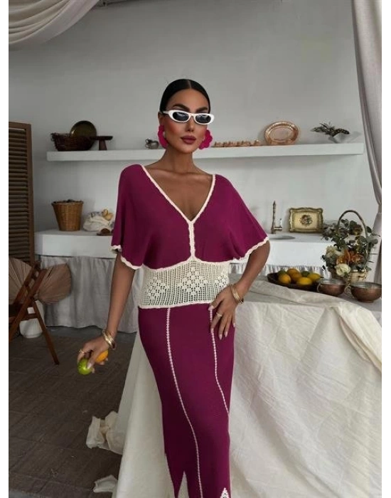 Dantel Desenli V Yaka Triko Elbise 2844