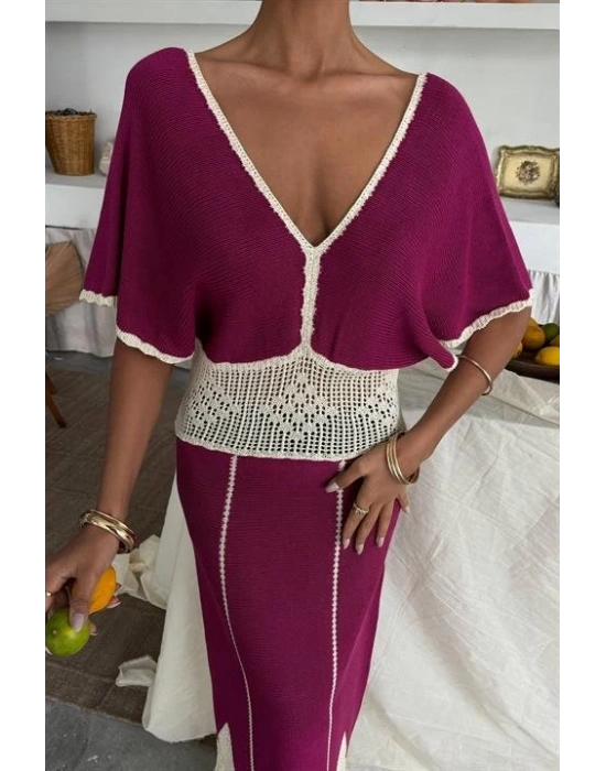 Dantel Desenli V Yaka Triko Elbise 2844