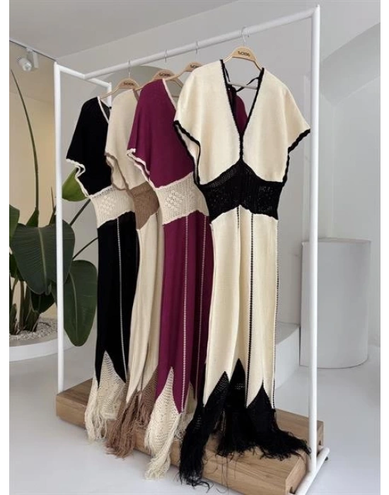 Dantel Desenli V Yaka Triko Elbise 2844