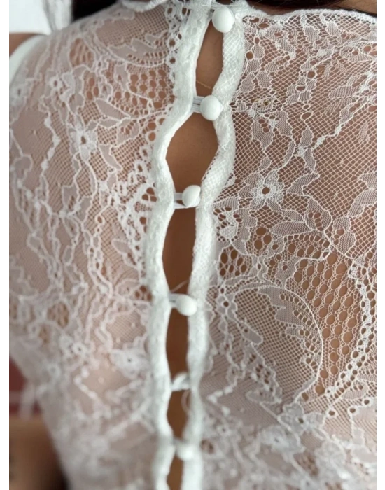 Dantel Detaylı Derin Dekolte Body Şık Kolsuz Yazlık Bodysuit  Beyaz