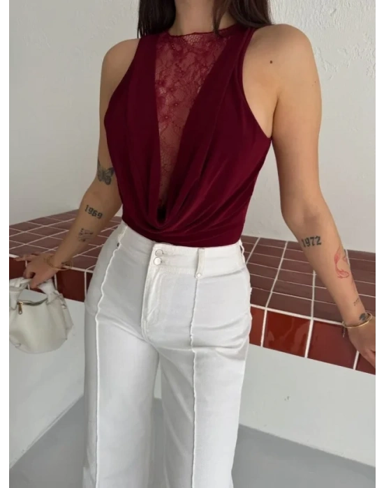 Dantel Detaylı Derin Dekolte Body Şık Kolsuz Yazlık Bodysuit  Bordo