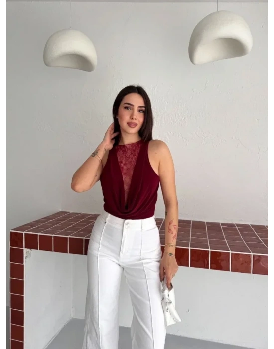 Dantel Detaylı Derin Dekolte Body Şık Kolsuz Yazlık Bodysuit  Bordo