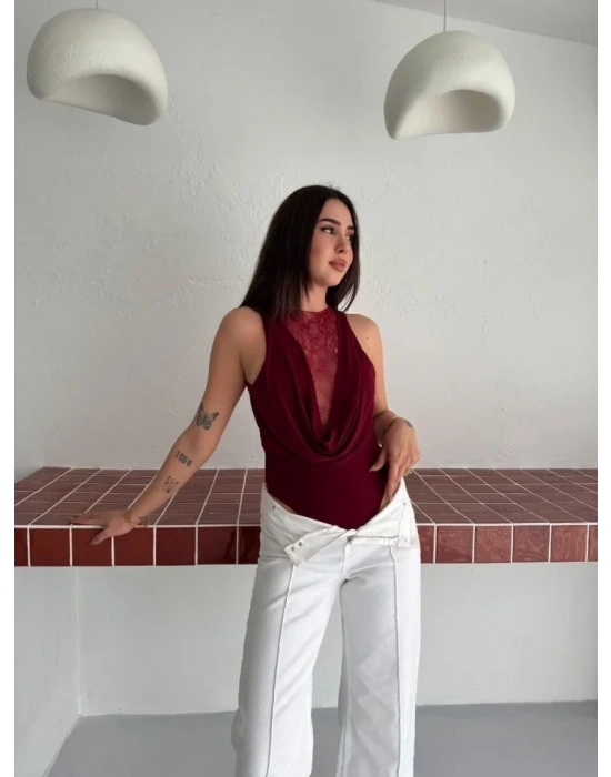 Dantel Detaylı Derin Dekolte Body Şık Kolsuz Yazlık Bodysuit  Bordo