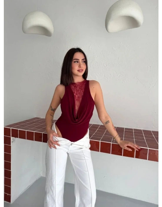 Dantel Detaylı Derin Dekolte Body Şık Kolsuz Yazlık Bodysuit  Bordo
