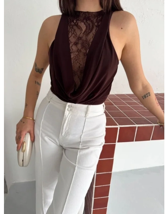 Dantel Detaylı Derin Dekolte Body Şık Kolsuz Yazlık Bodysuit  Kahvrenegi
