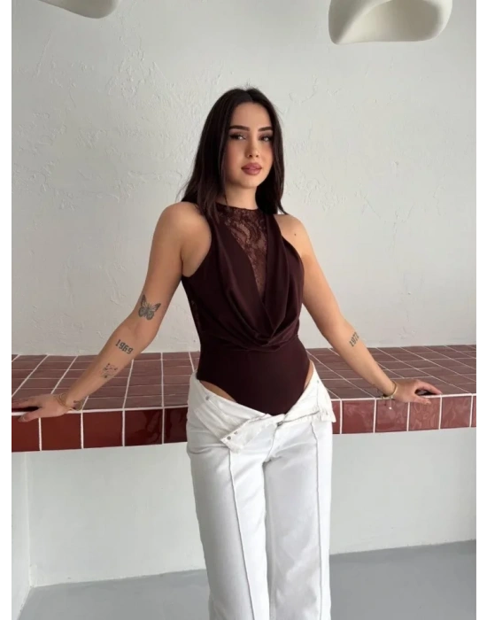 Dantel Detaylı Derin Dekolte Body Şık Kolsuz Yazlık Bodysuit  Kahvrenegi