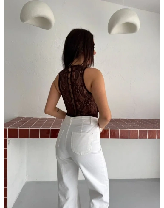 Dantel Detaylı Derin Dekolte Body Şık Kolsuz Yazlık Bodysuit  Kahvrenegi