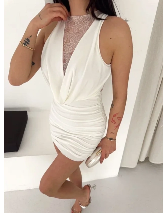 Dantel Detaylı Derin Dekolte Drapeli ini Elbise Şık Kolsuz  Beyaz