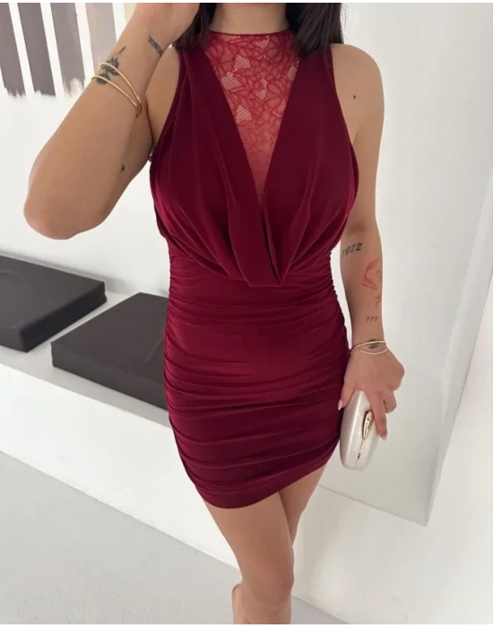 Dantel Detaylı Derin Dekolte Drapeli ini Elbise Şık Kolsuz  Bordo