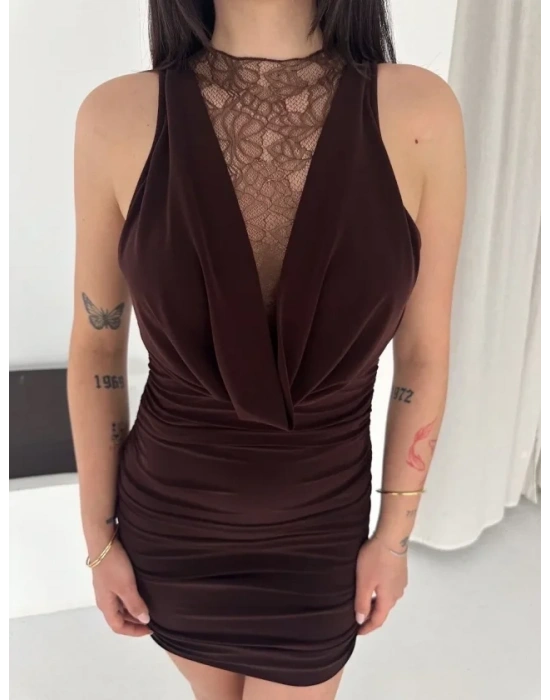 Dantel Detaylı Derin Dekolte Drapeli ini Elbise Şık Kolsuz  Kahvrenegi
