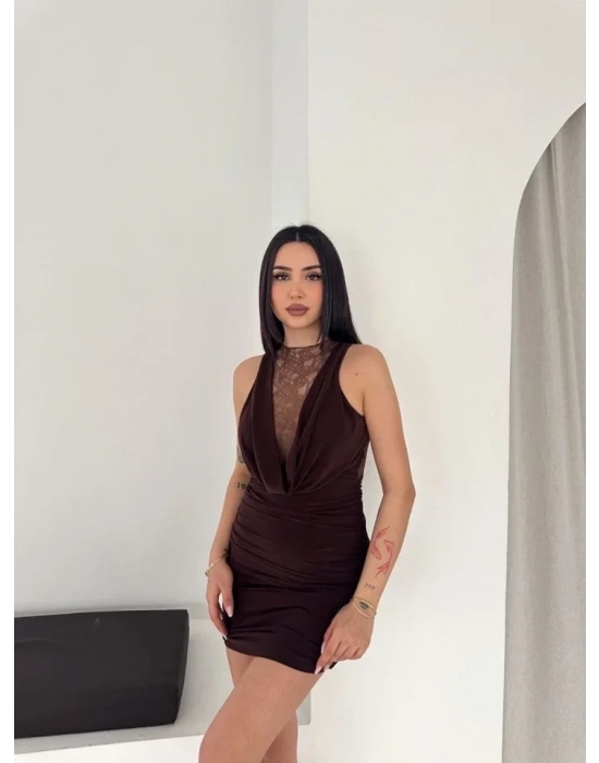 Dantel Detaylı Derin Dekolte Drapeli ini Elbise Şık Kolsuz  Kahvrenegi