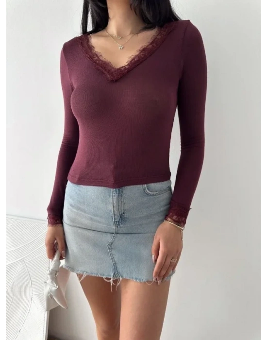 Dantel Detaylı V Yaka Arkası V Yaka Kaşmir Dokulu Uzun Kollu Bluz  Bordo