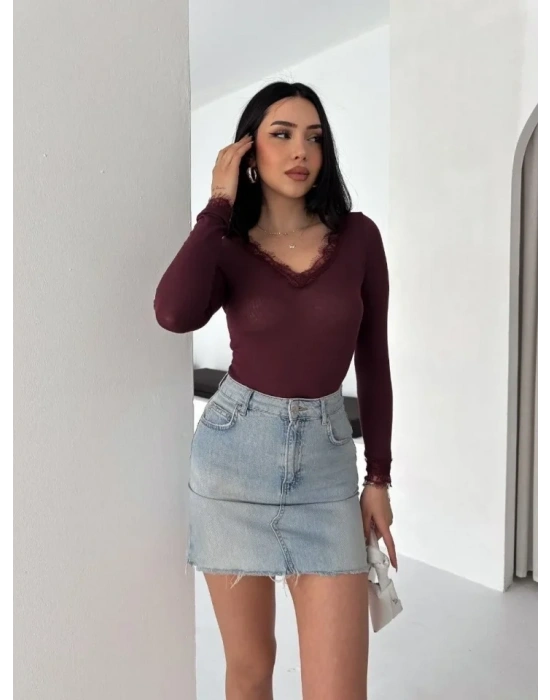 Dantel Detaylı V Yaka Arkası V Yaka Kaşmir Dokulu Uzun Kollu Bluz  Bordo