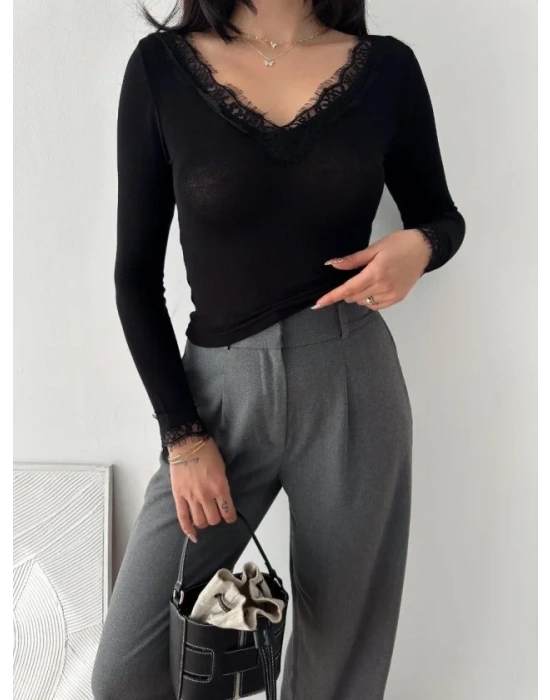 Dantel Detaylı V Yaka Arkası V Yaka Kaşmir Dokulu Uzun Kollu Bluz  iyah