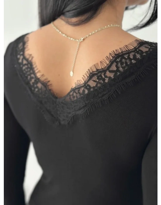 Dantel Detaylı V Yaka Arkası V Yaka Kaşmir Dokulu Uzun Kollu Bluz  iyah