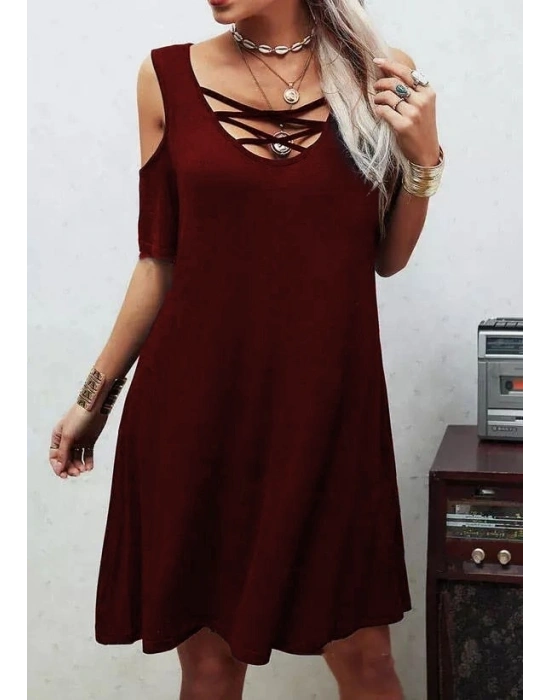 Dekolteli Bağcık Detay Viskon Kumaş Elbise