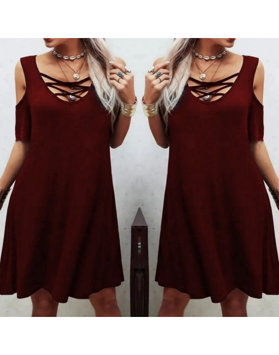 Dekolteli Bağcık Detay Viskon Kumaş Elbise