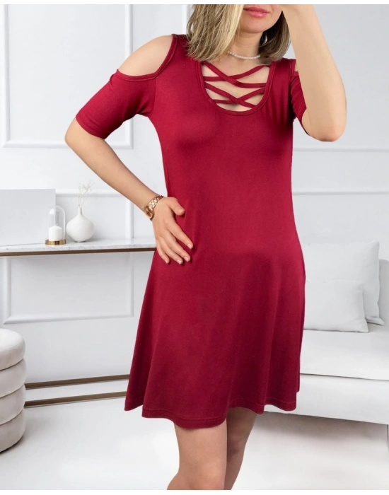 Dekolteli Bağcık Detay Viskon Kumaş Elbise