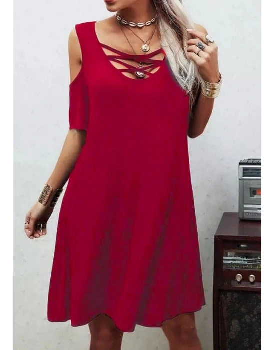 Dekolteli Bağcık Detay Viskon Kumaş Elbise