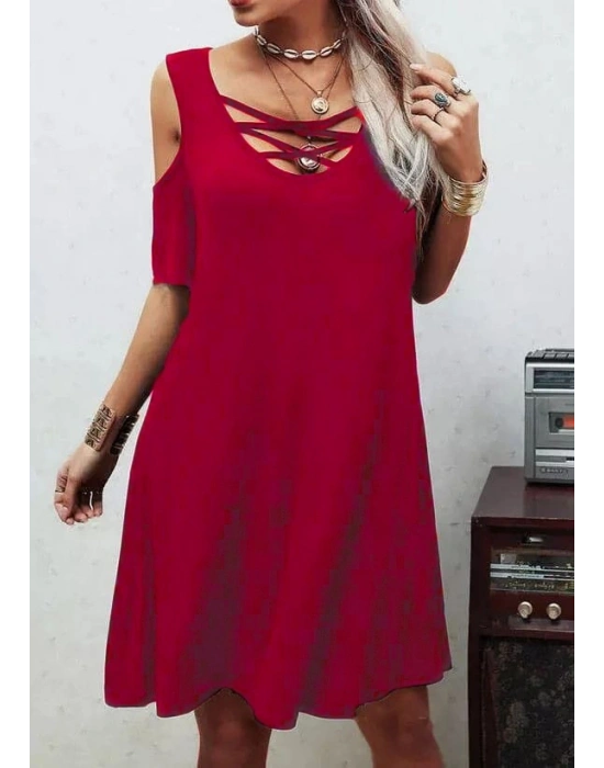 Dekolteli Bağcık Detay Viskon Kumaş Elbise