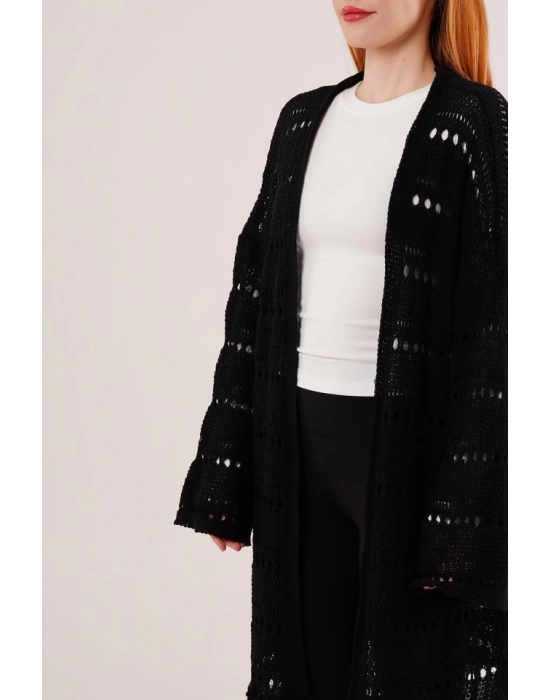 Delikli Geçişli Püskül Detay Uzun Triko Siyah Hırka