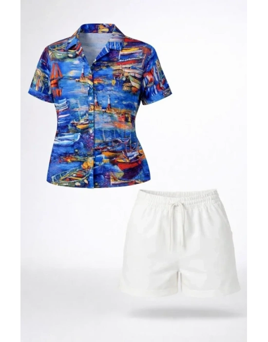 Deniz Temalı Desenli Kısa Kol Gömlek Şort Takım Yazlık Rahat Kalıp  Desenli