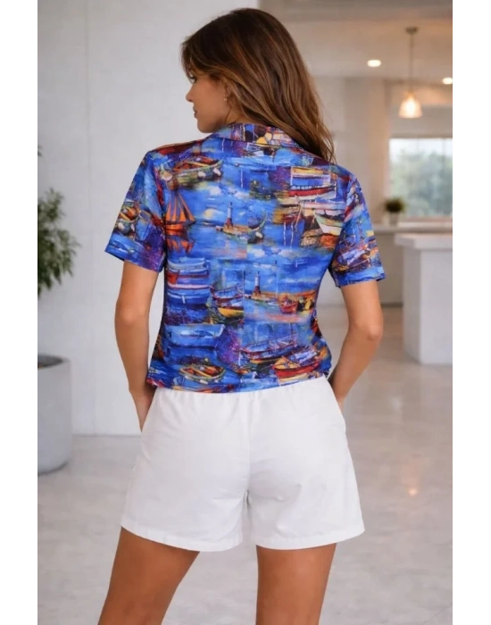 Deniz Temalı Desenli Kısa Kol Gömlek Şort Takım Yazlık Rahat Kalıp  Desenli