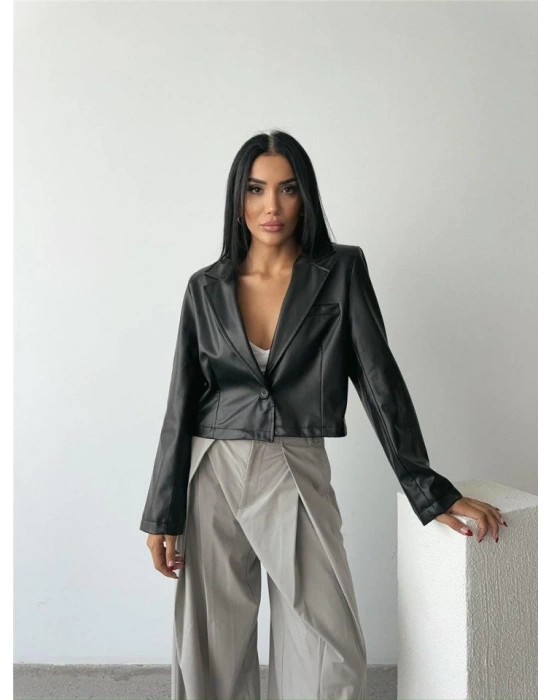 DERİ CROP CEKET TEK DÜĞE  Siyah