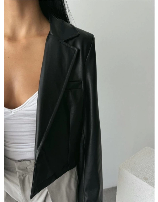 DERİ CROP CEKET TEK DÜĞE  Siyah