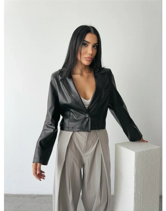 DERİ CROP CEKET TEK DÜĞE  Siyah