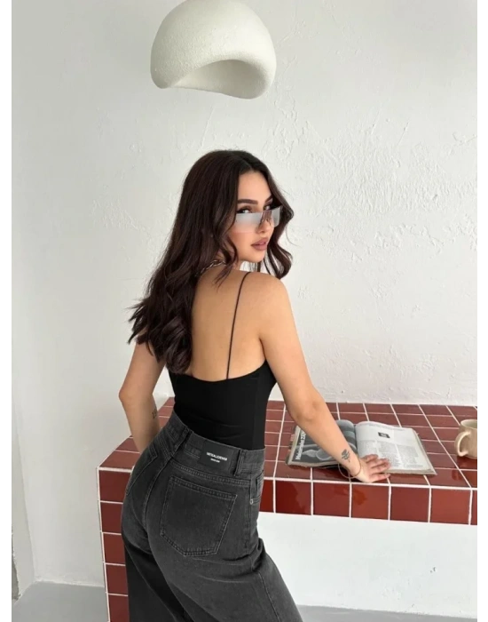 Derin Dekolte Askılı Body ırt Dekolteli Şık Kolsuz Yazlık Bodysuit  iyah