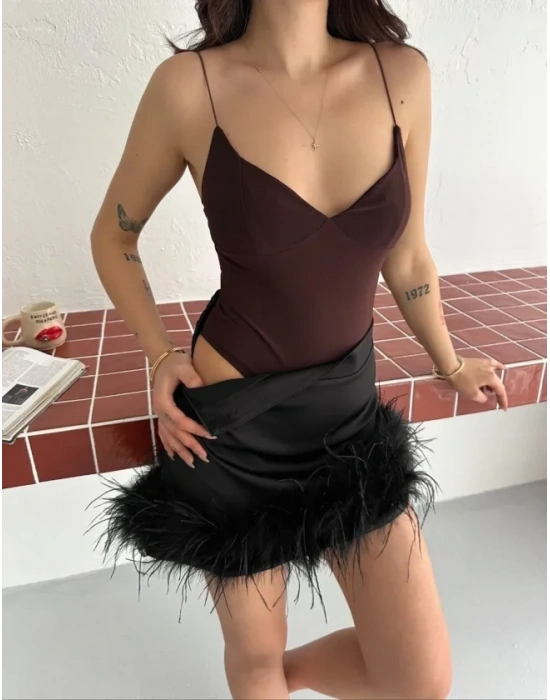 Derin Dekolte Askılı Body ırt Dekolteli Şık Kolsuz Yazlık Bodysuit  Kahverengi