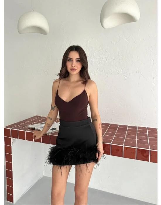Derin Dekolte Askılı Body ırt Dekolteli Şık Kolsuz Yazlık Bodysuit  Kahverengi