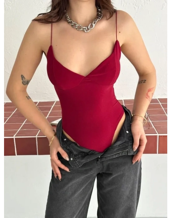 Derin Dekolte Askılı Body ırt Dekolteli Şık Kolsuz Yazlık Bodysuit  Kırmızı