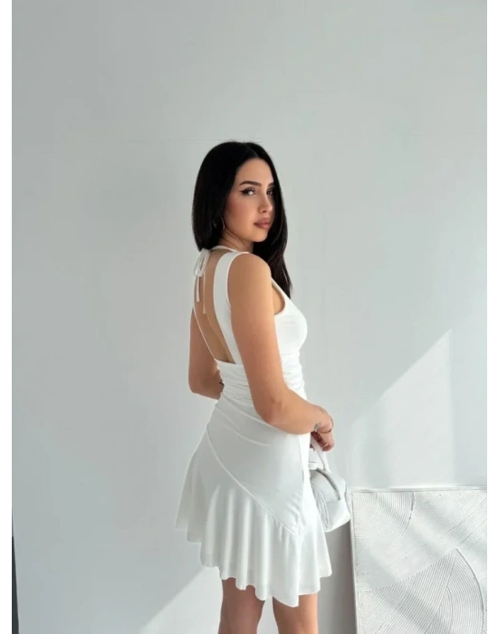 Derin V Yaka ırt Dekolteli ini Elbise Drapeli Şık Kolsuz  Beyaz