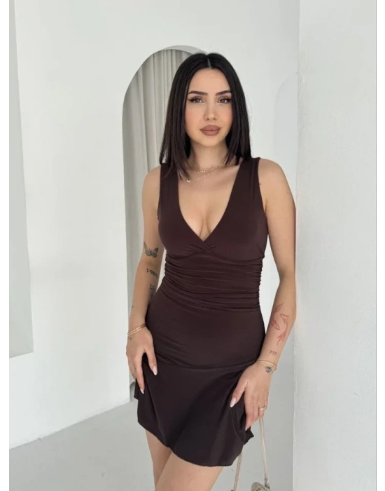 Derin V Yaka ırt Dekolteli ini Elbise Drapeli Şık Kolsuz  Kahverengi