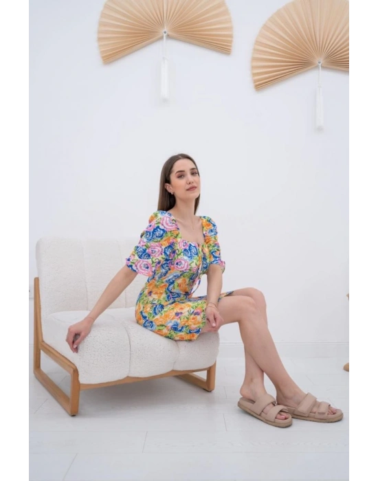 Desenli Boyundan Bağlamalı Desenli Elbise