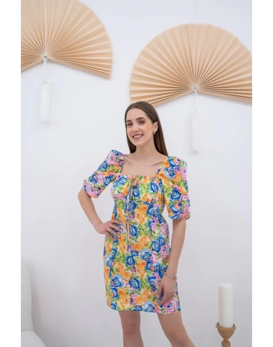 Desenli Boyundan Bağlamalı Desenli Elbise