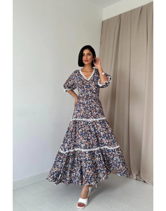 Desenli ırtı Dekolteli Brode Elbise
