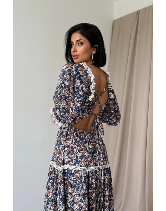 Desenli ırtı Dekolteli Brode Elbise