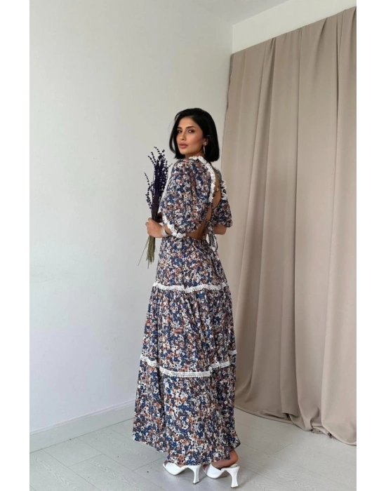 Desenli ırtı Dekolteli Brode Elbise