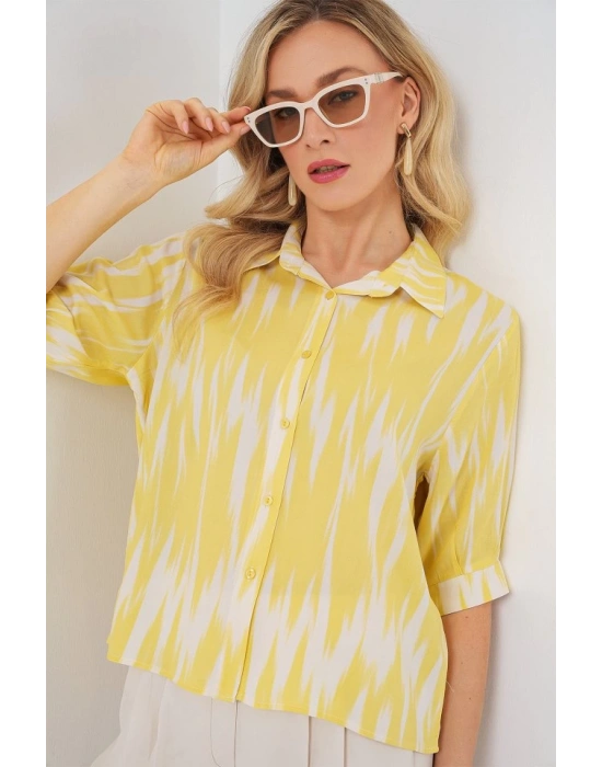 Desenli Kısa Kol Crop Gömlek 20337  Sarı